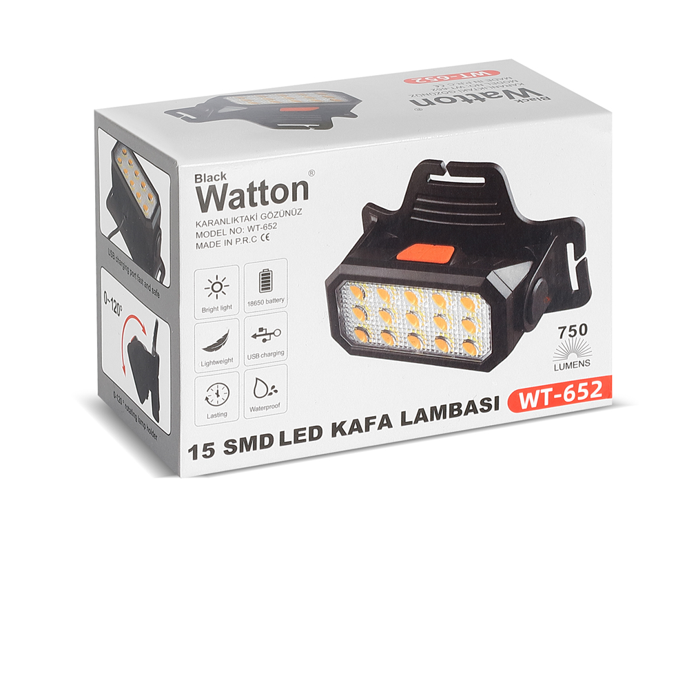 Watton WT-652 15 Ledli Sarı / Beyaz Led Şarjlı Kafa Feneri