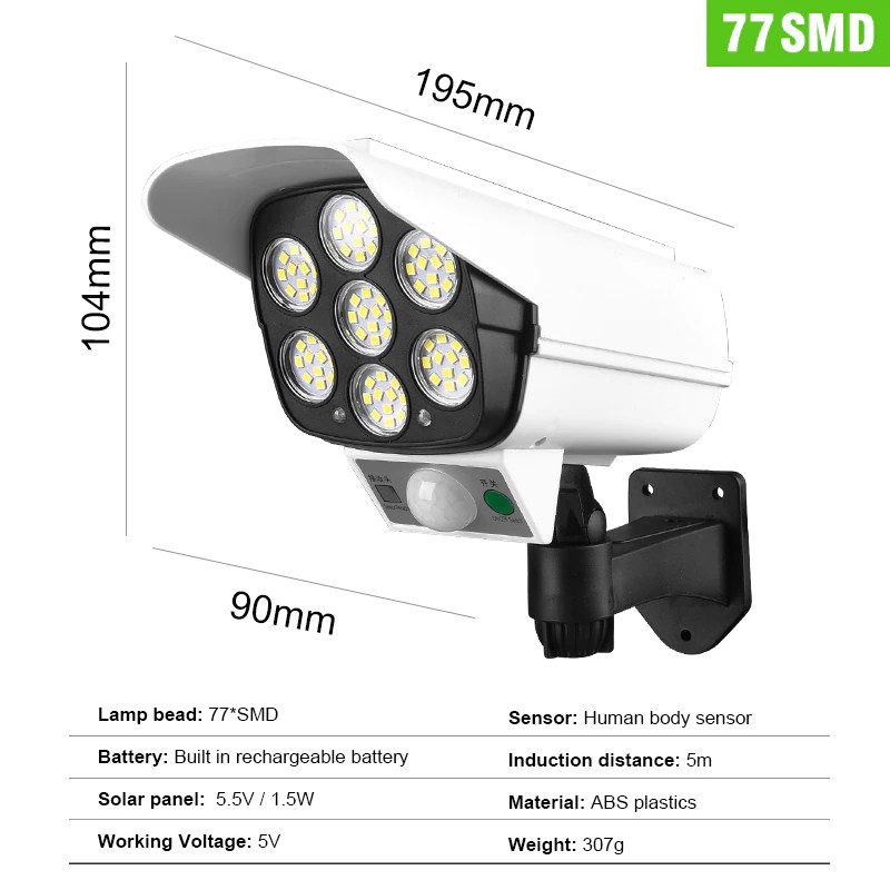 Pocketman%20KL-2178B%2077%20LED%20Kamera%20Görünümlü%20Hareket%20Sensörlü%20Ayarlanabilir%20Su%20Geçirmez%20Solar%20Aydınlatma