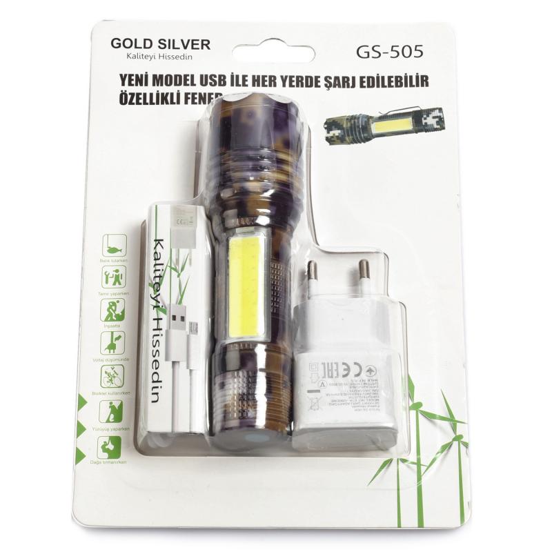 Gold Silver GS-505 USB Şarjlı El Feneri