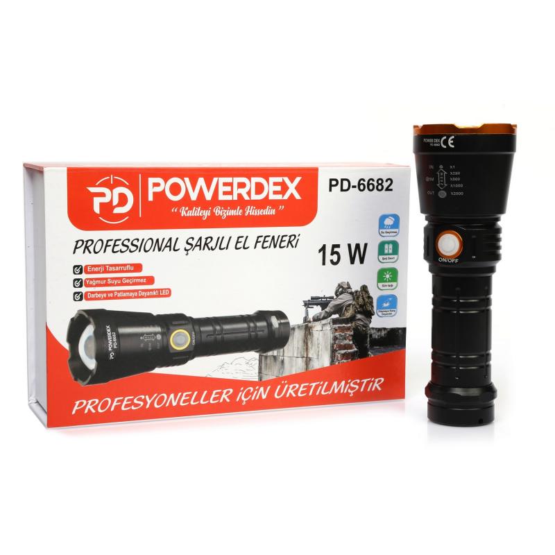 Powerdex PD-6682 15Watt Süper LED Profesyonel Şarjlı El Feneri