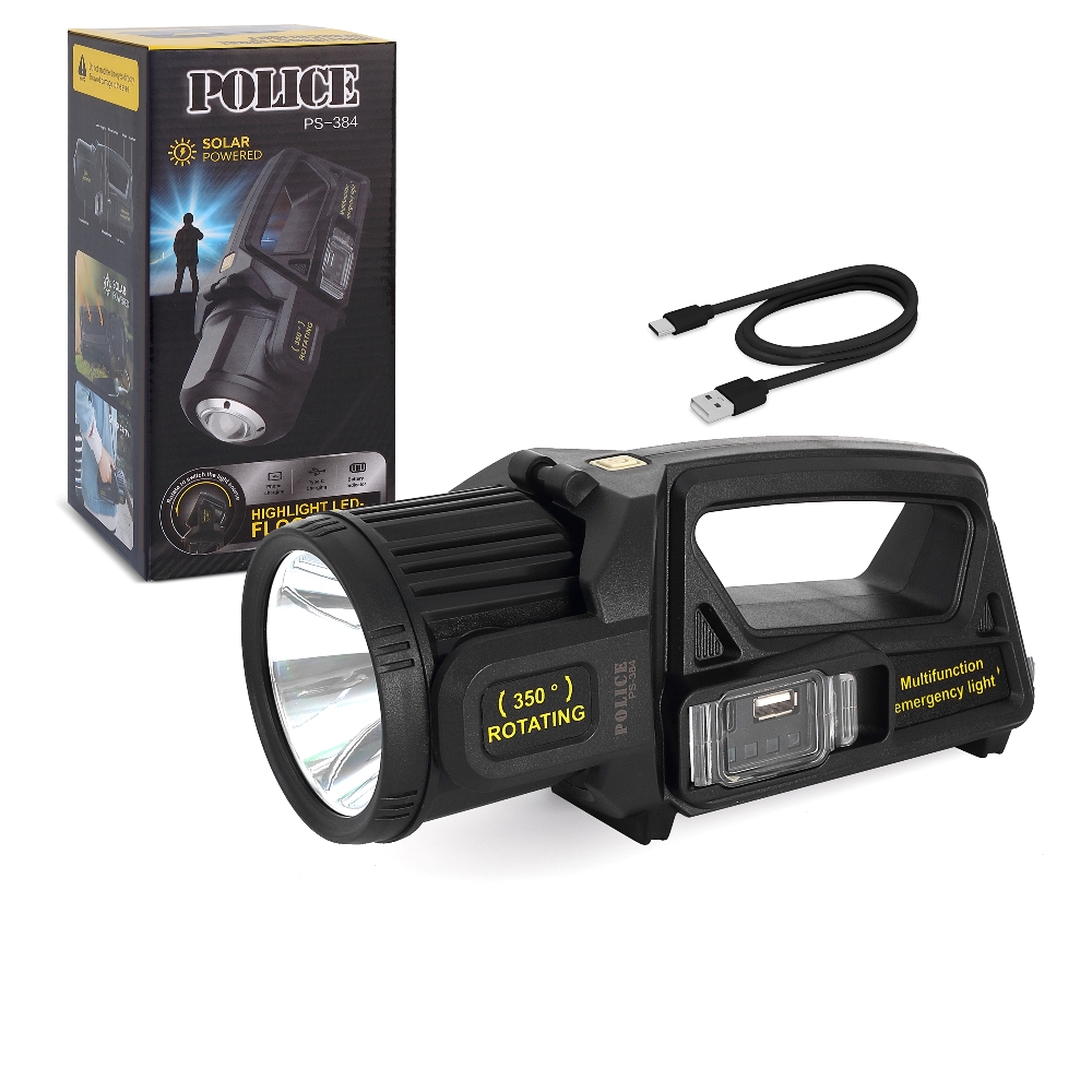 Police PS-384 Şarjlı Güneş Enerjili Spot Fener Güçlü LED Aydınlatma Powerbank Özellikli
