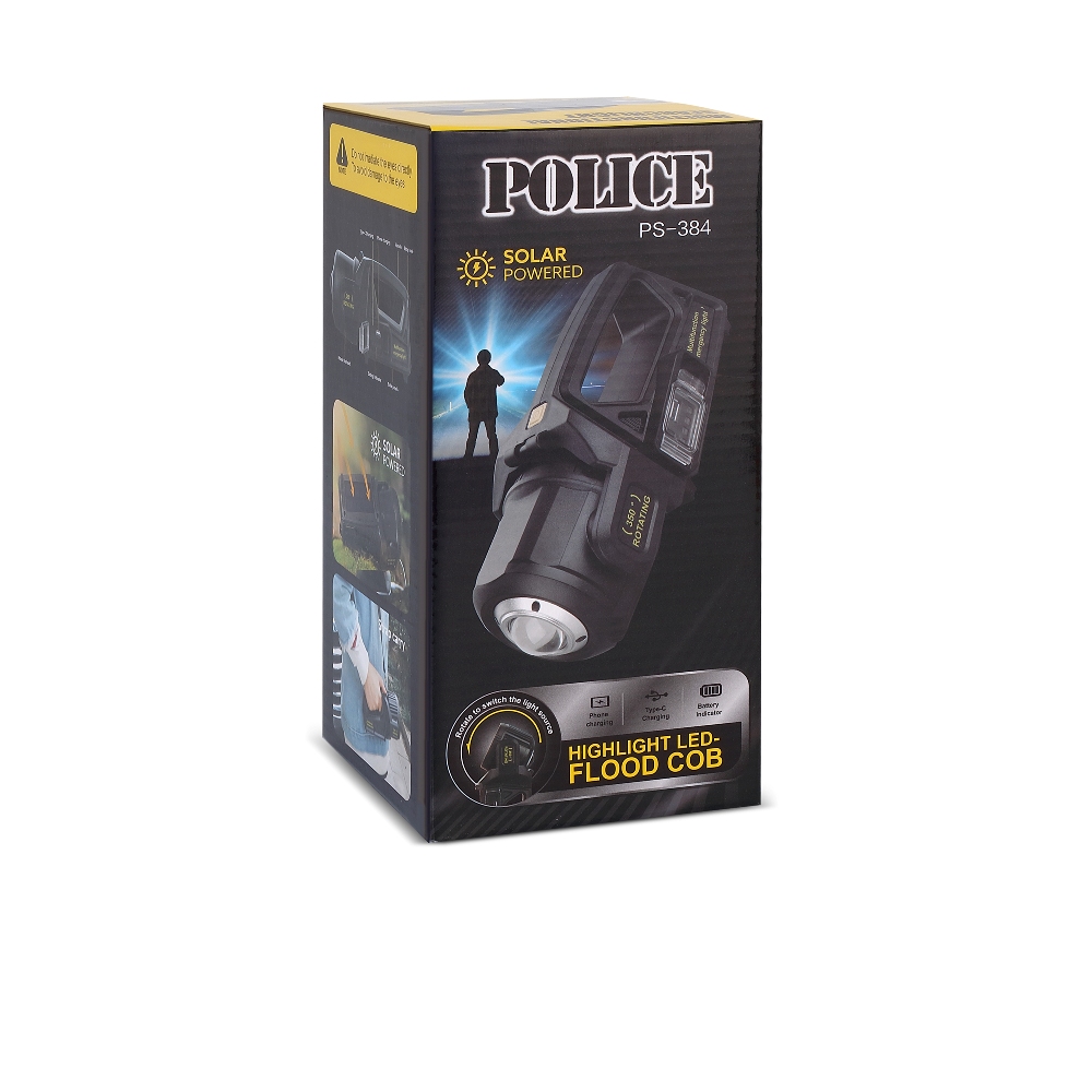 Police PS-384 Şarjlı Güneş Enerjili Spot Fener Güçlü LED Aydınlatma Powerbank Özellikli