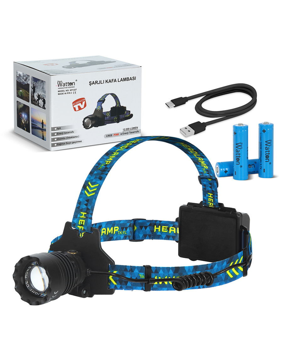 WATTON WT-627 CREE P360 - 12,000 Lümen Şarjlı Kafa Feneri