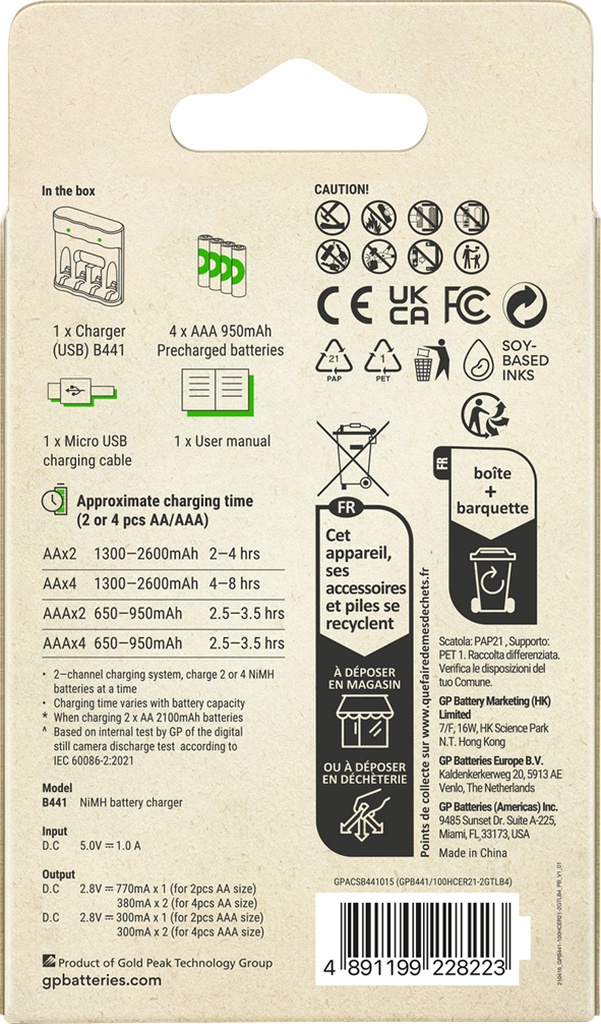 Gp B441 Usb Pil Şarj Cihazı 4 Adet 950 Aaa İnce Pilli Set