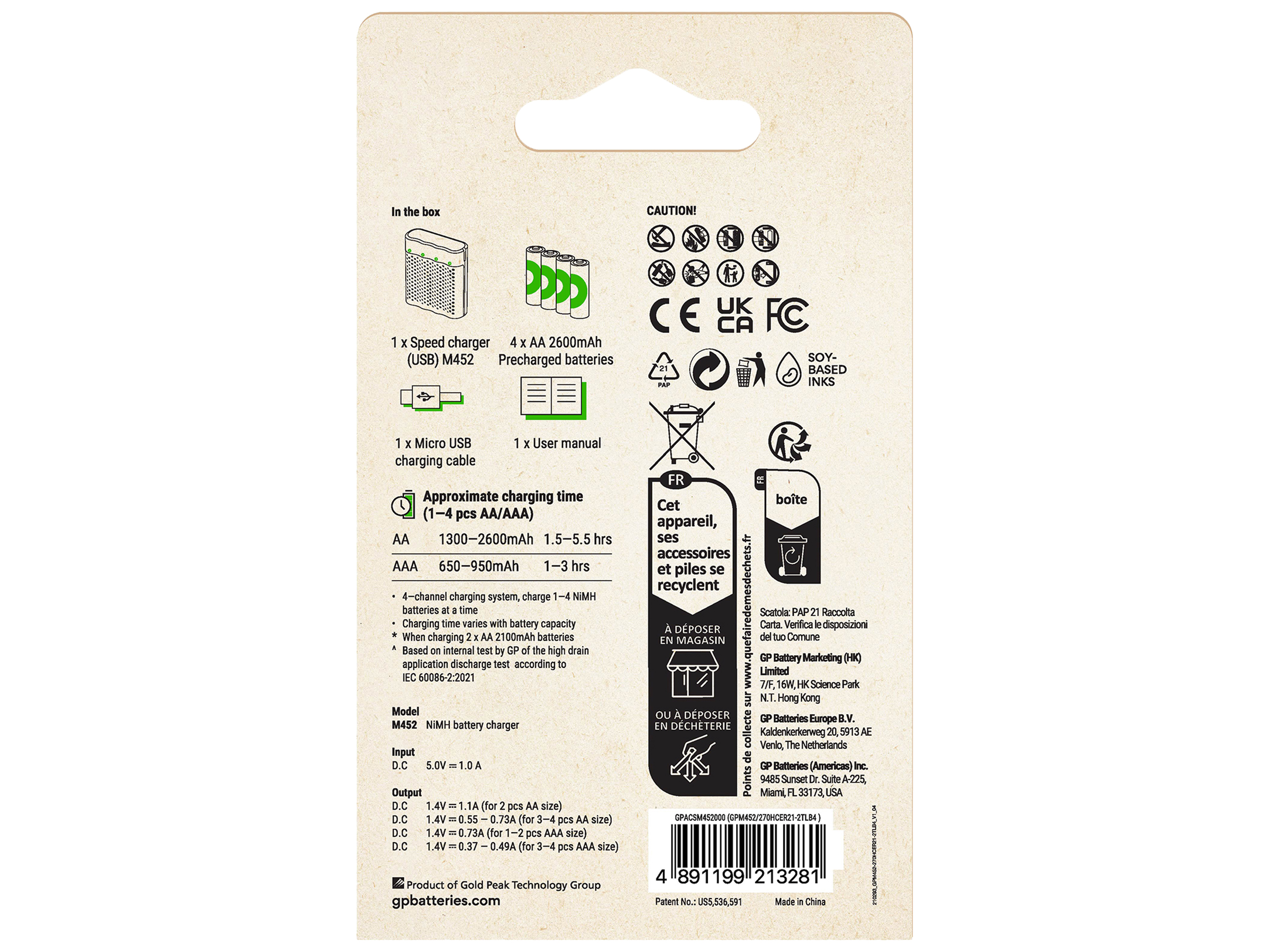 Gp M452 Usb Hızlı Şarj Cihazı 4 Adet 2600 Aa Kalem Pilli Set