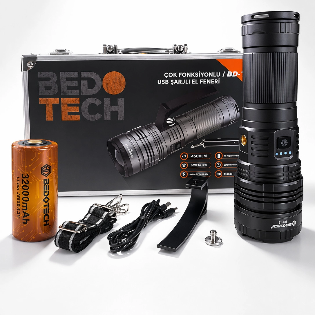 Bedotech BD-12 60W TG LED Alüminyum Alaşımlı Zoomlu Type-C Şarjlı El Feneri
