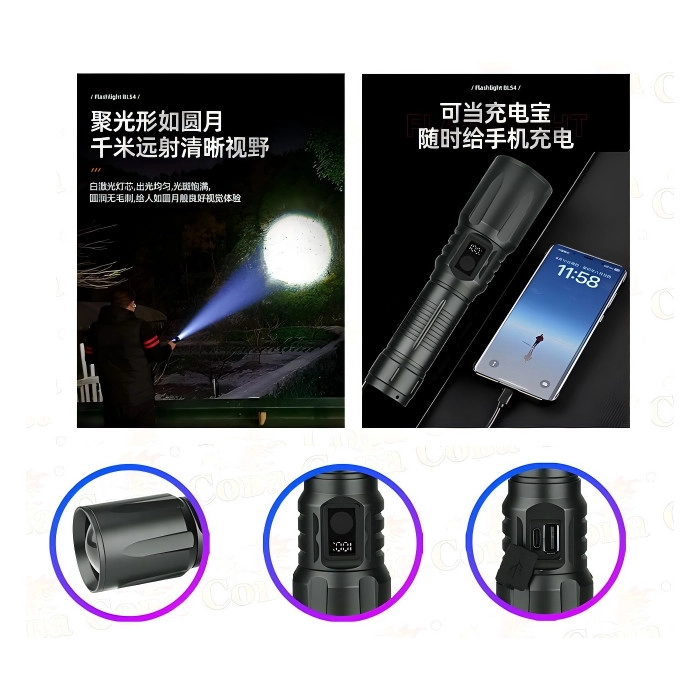 Bedotech BD-13 15W TG LED Alüminyum Alaşımlı Zoomlu Type-C Dijital Göstergeli Şarjlı El Feneri
