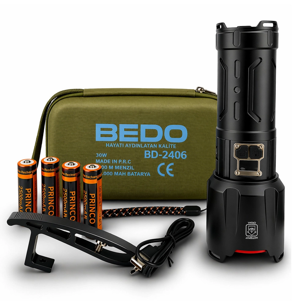 Bedotech BD-2406 30W TG LED Alüminyum Alaşımlı Zoomlu Type-C Dijital Göstergeli Şarjlı El Feneri
