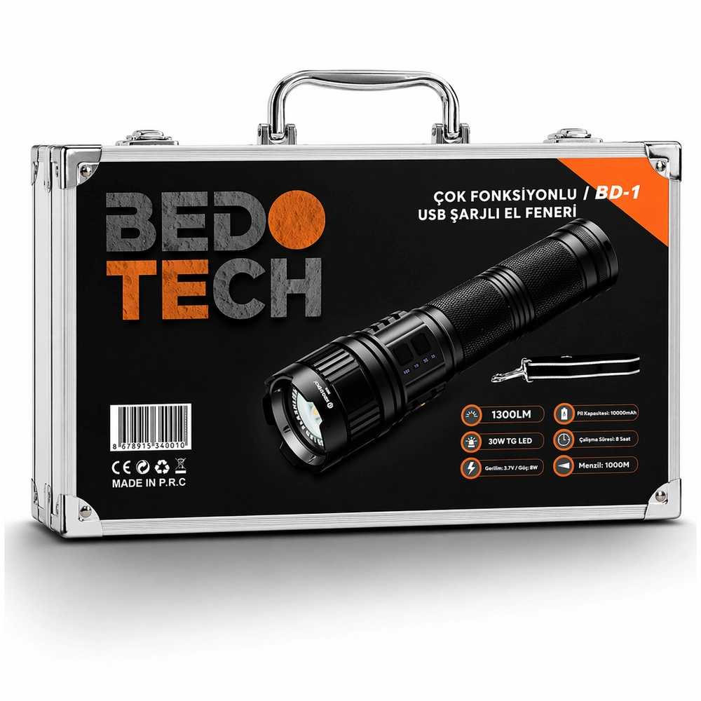 Bedotech BD-1 30W TG LED Alüminyum Alaşımlı Zoomlu Type-C Analog Pil Göstergeli Şarjlı El Feneri