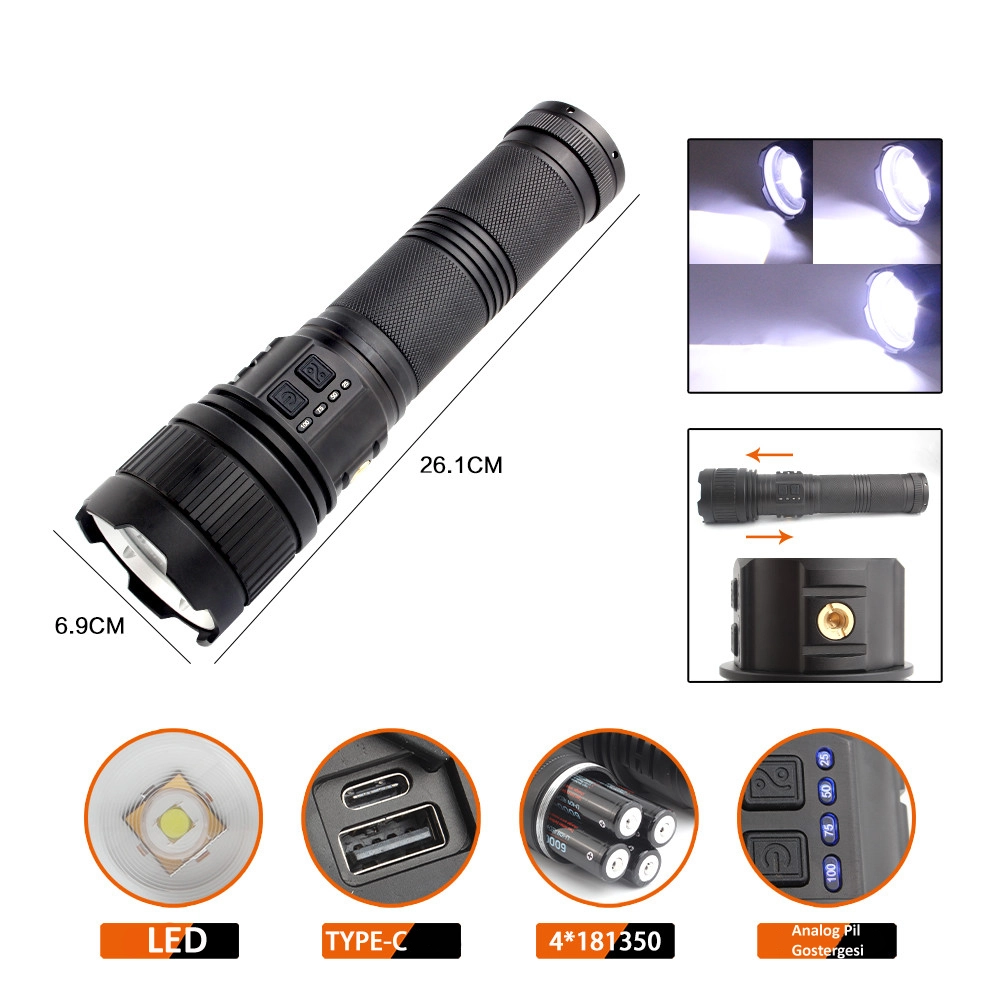 Bedotech BD-1 30W TG LED Alüminyum Alaşımlı Zoomlu Type-C Analog Pil Göstergeli Şarjlı El Feneri