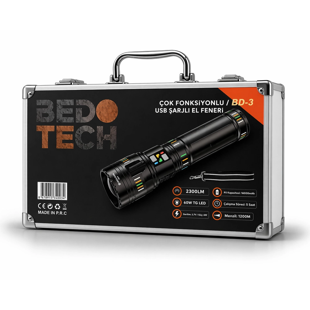 Bedotech BD-3 60W TG LED Alüminyum Alaşımlı Zoomlu Type-C Renkli Pil Göstergeli Şarjlı El Feneri