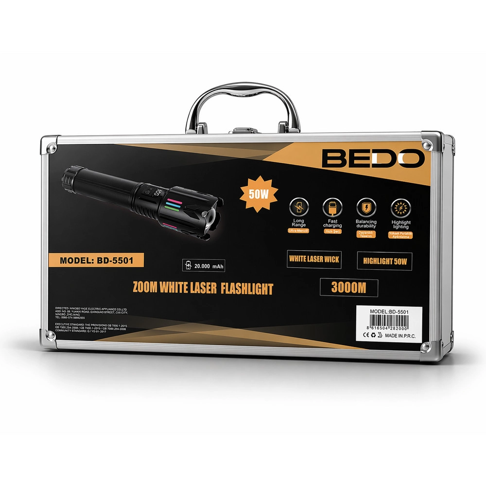 Bedotech BD-5501 50W TG LED Alüminyum Alaşımlı Zoomlu Dijital GÖstergeli Type-C Şarjlı El Feneri