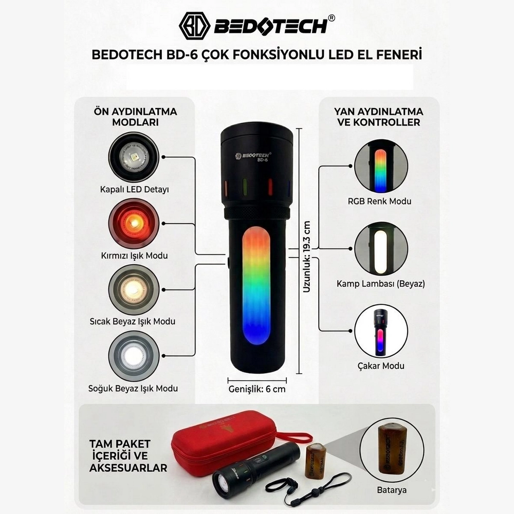 Bedotech BD-6 30W TG + RGB LED Alüminyum Alaşımlı Zoomlu Type-C Pil Göstergeli Şarjlı El Feneri