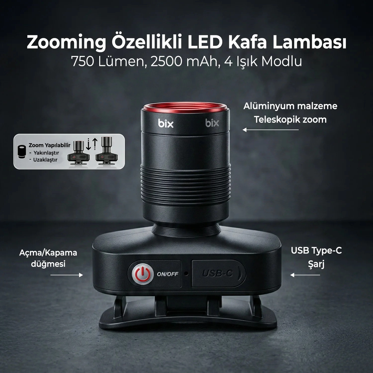 Bix BXT1FL Şarj Edilebilir 10W 750 Lümen 2500 mAh 4 Işık Modlu Zooming Özellikli LED Kafa Feneri