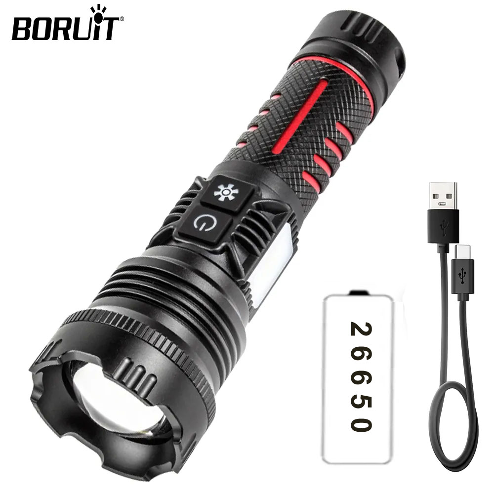 Boruit BR-6800 Zoomlu 30Watt COB Led 8 Fonksiyonlu Type-C Şarj Edilebilir El Feneri