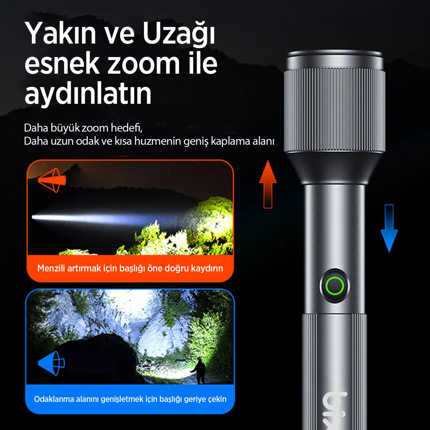 Bix BX2142FL 24W LED Max. 1000 Lümen Parlaklık Uzak Aydınlatma Menzilli Zoom Özellikli Şarj Edilebilir Çok Modlu Kompakt El Feneri