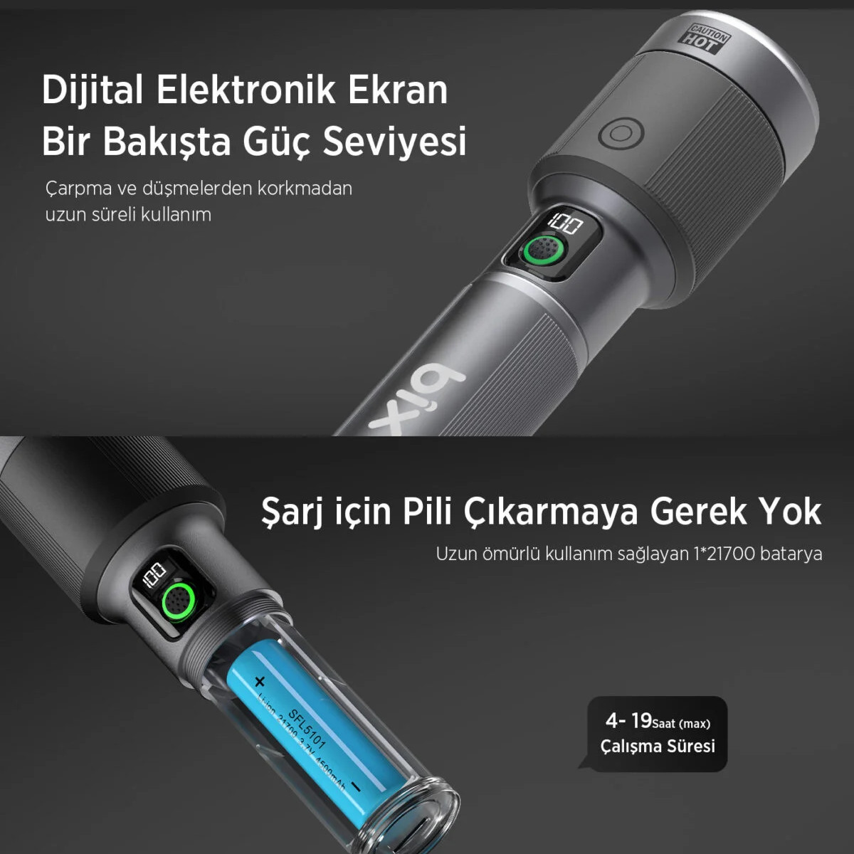 Bix BX5101FL 60W LED Max. 2300 Lümen Parlaklık Uzun Menzilli, Şarj Edilebilir, LED Güç Göstergeli ve Çok Modlu Kompakt El Feneri