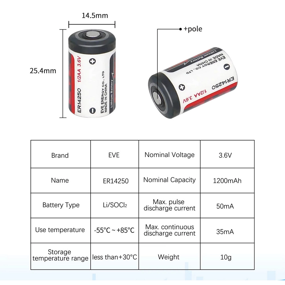 EVE ER14250 1/2AA Size 3.6V 1200 mAh Şarjsız Li-SOCl2 Lithium Pil