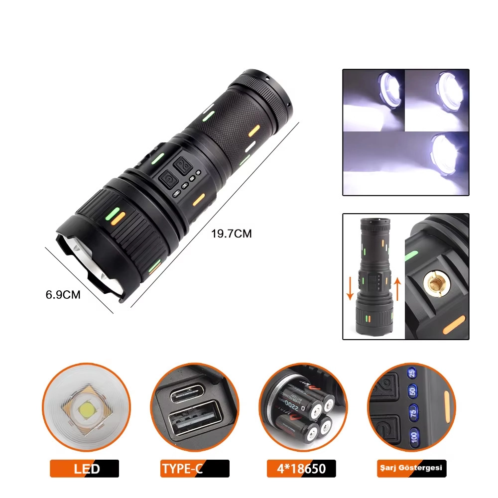 F.B.I Pro F-3001 Alüminyum TG LED Güç Göstergeli Type-C Şarjlı El Feneri