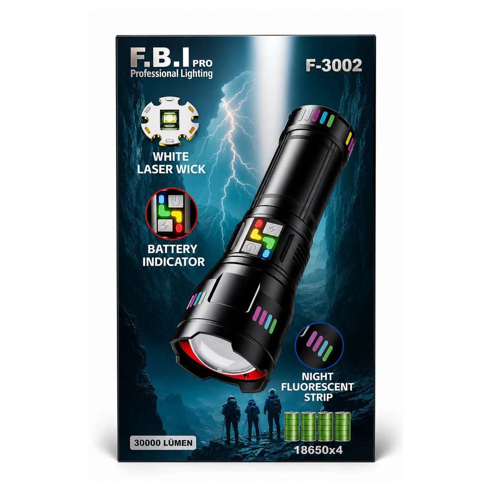 F.B.I Pro F-3002 Alüminyum TG LED El Feneri 1500m Menzilli Gece Şeritli & Type-C Şarjlı El Feneri