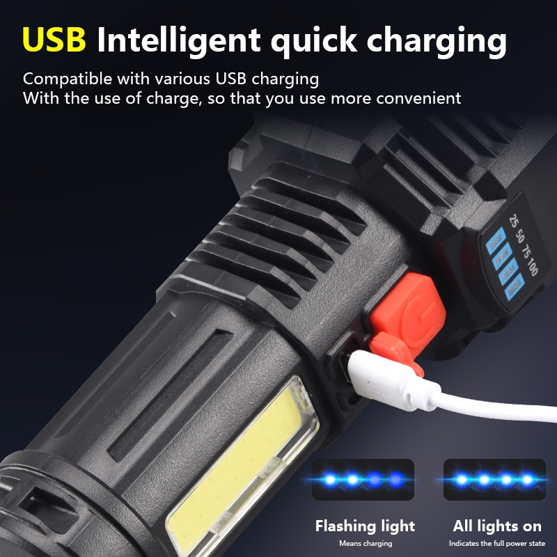 Fithome F-T25 Şarj Göstergeli 5 XPG+COB LED Ultra Güçlü Su Geçirmez USB Şarjlı El Feneri