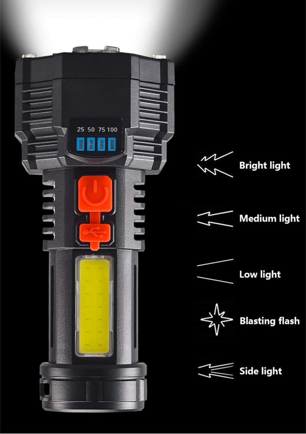 Fithome F-T25 Şarj Göstergeli 5 XPG+COB LED Ultra Güçlü Su Geçirmez USB Şarjlı El Feneri