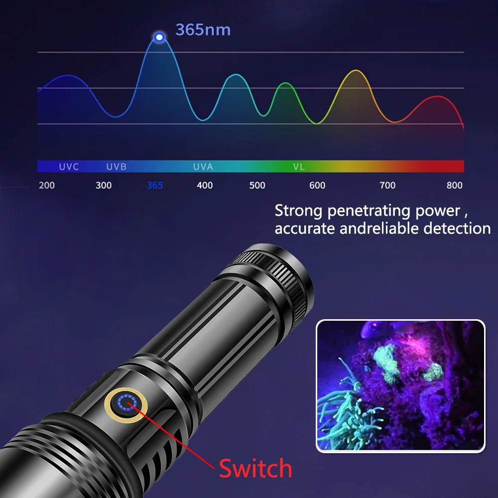 Fithome%20FT-365%20UV%20LED%20Mor%20Işıklı%2020Watt%20Şarjlı%2026650%20Pilli%20Profesyonel%20El%20Feneri