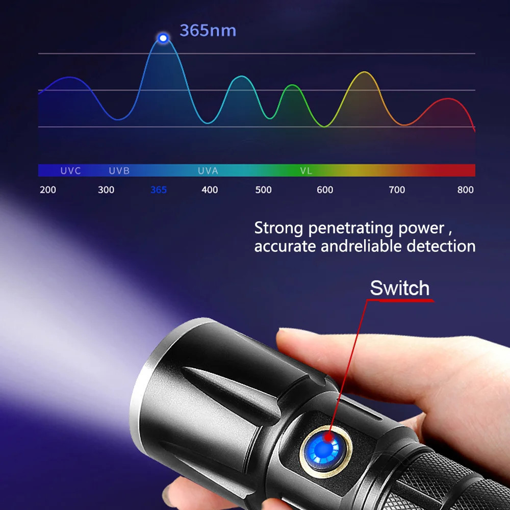 Fithome%20FT-365%20UV%20LED%20Mor%20Işıklı%2020Watt%20Şarjlı%2026650%20Pilli%20Profesyonel%20El%20Feneri