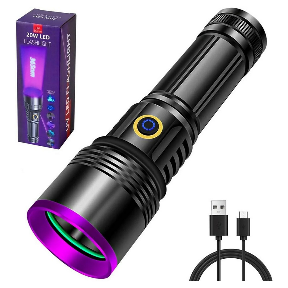 Fithome%20FT-365%20UV%20LED%20Mor%20Işıklı%2020Watt%20Şarjlı%2026650%20Pilli%20Profesyonel%20El%20Feneri