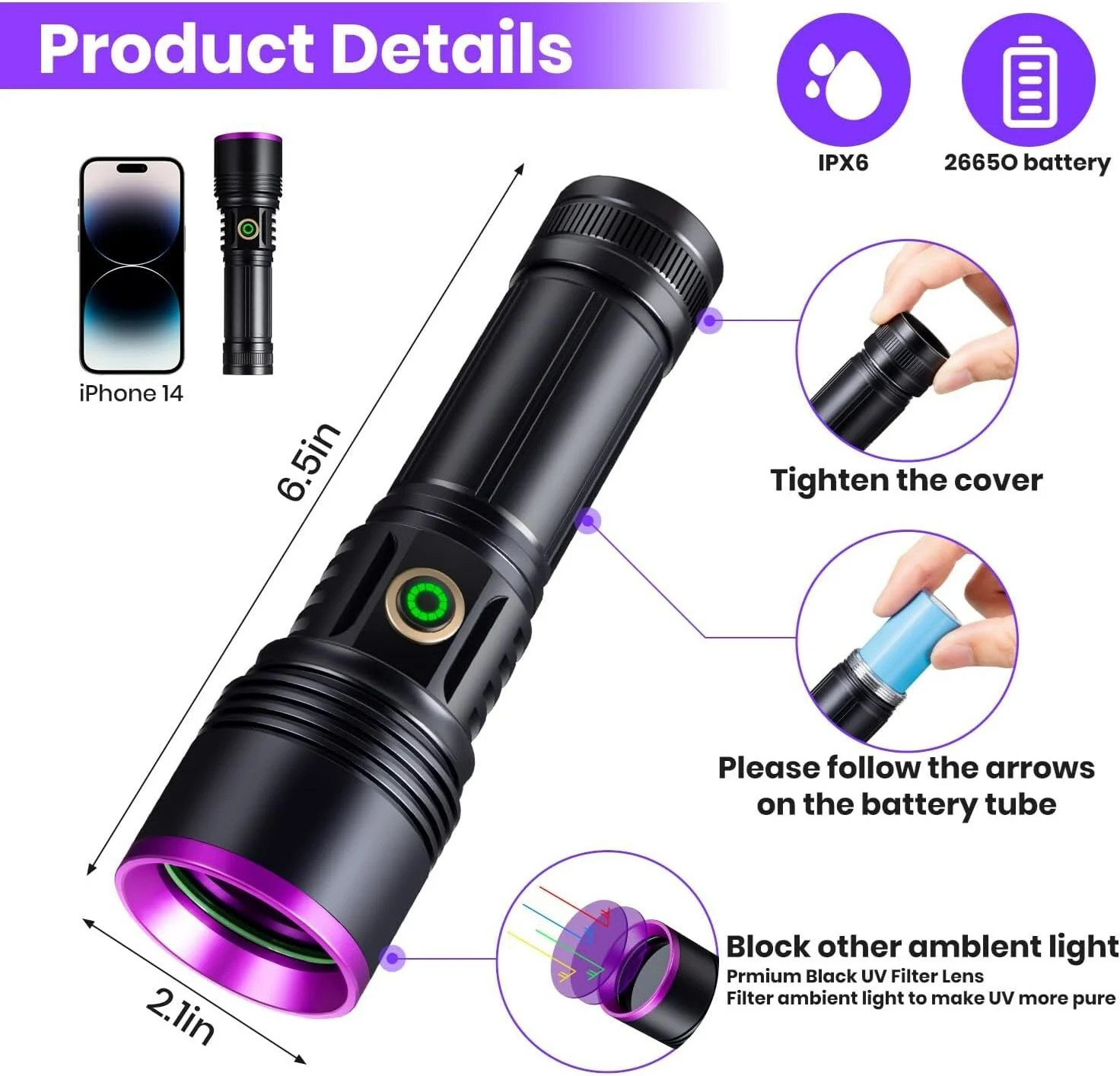 Fithome%20FT-365%20UV%20LED%20Mor%20Işıklı%2020Watt%20Şarjlı%2026650%20Pilli%20Profesyonel%20El%20Feneri
