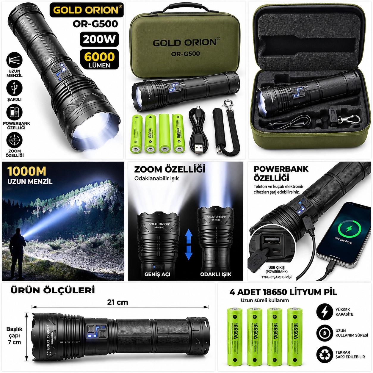 OR-G500 200W 6000 Lümen Uzun Menzilli Zoomlu LED Şarjlı El Feneri