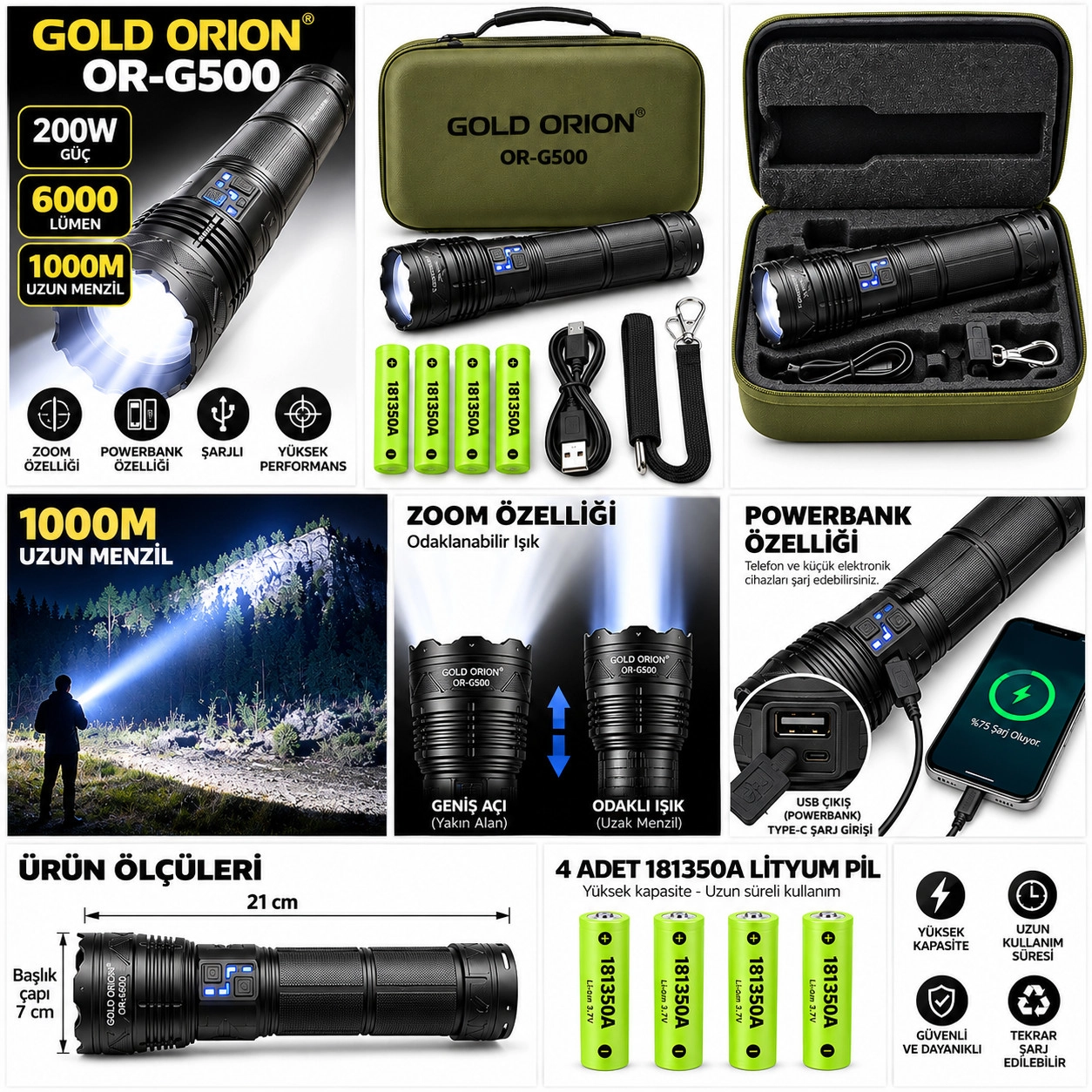 Gold Orion OR-G500 200W 6000 Lümen Uzun Menzilli Zoomlu LED Şarjlı El Feneri