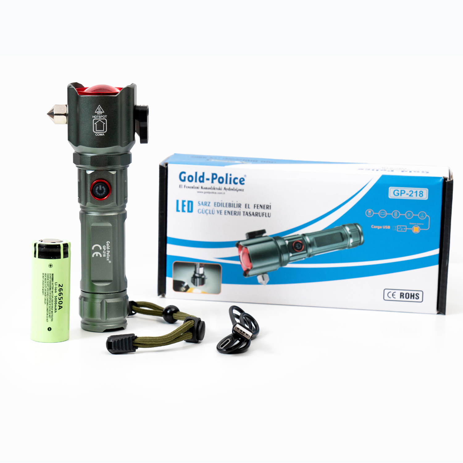 Gold Police GP-218 TG LED Uzun Menzilli Cam Kıracaklı Şarjlı El Feneri