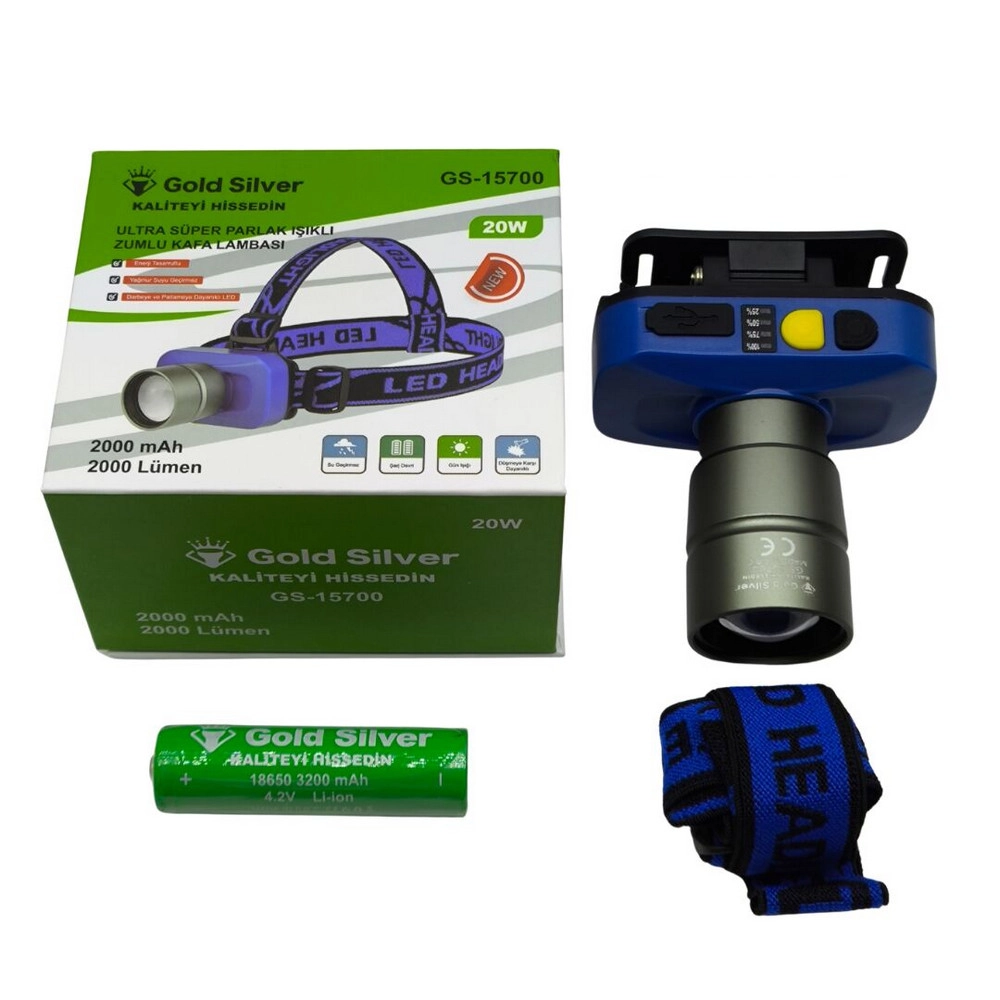Gold Silver GS-15700 20W 2000 Lümen Sarı Beyaz Işık Zoomlu Şarj Edilebilir Kafa Feneri