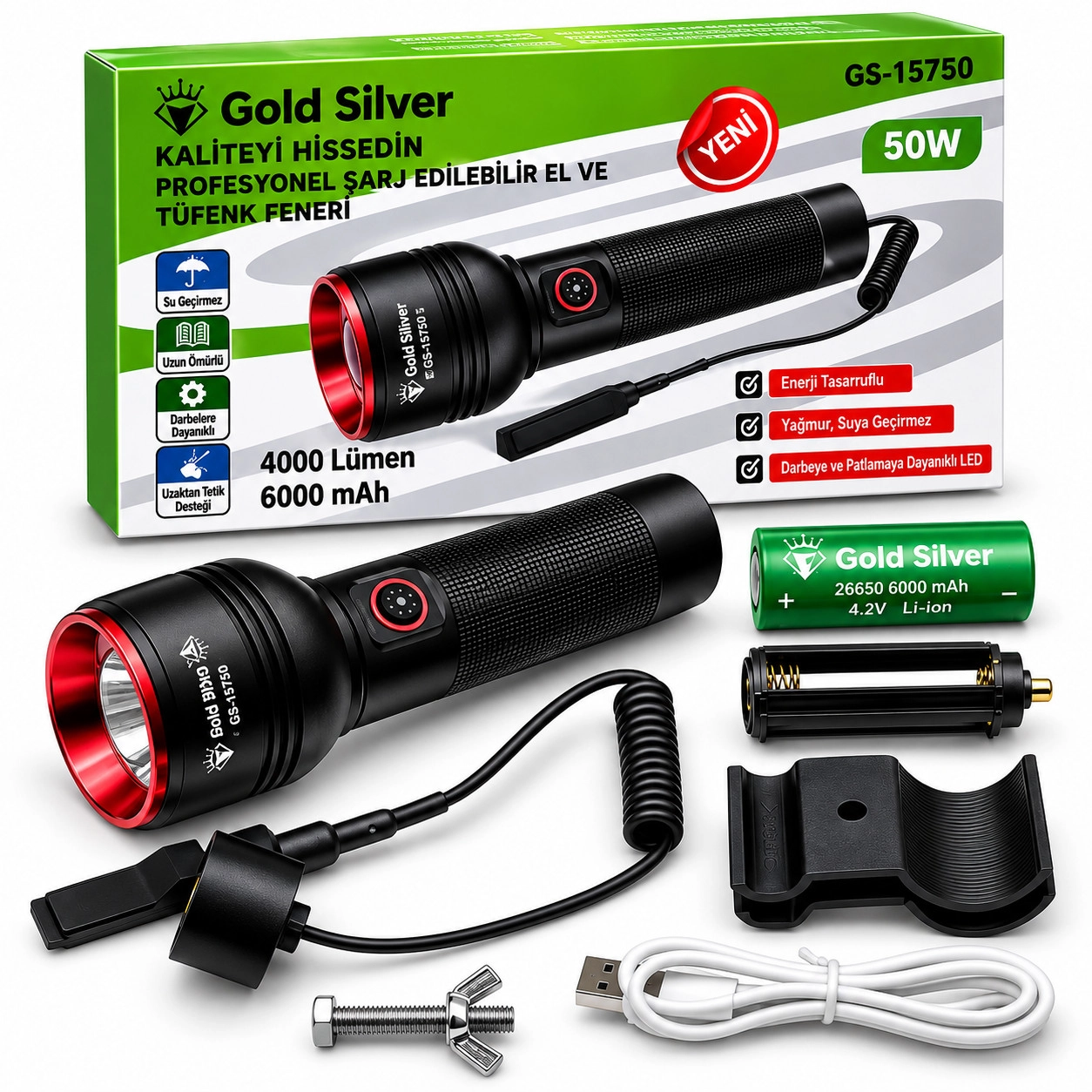 Gold Silver GS-15750 50W 4000 Lümen Şarjlı Zoomlu Taktik El ve Tüfek Feneri