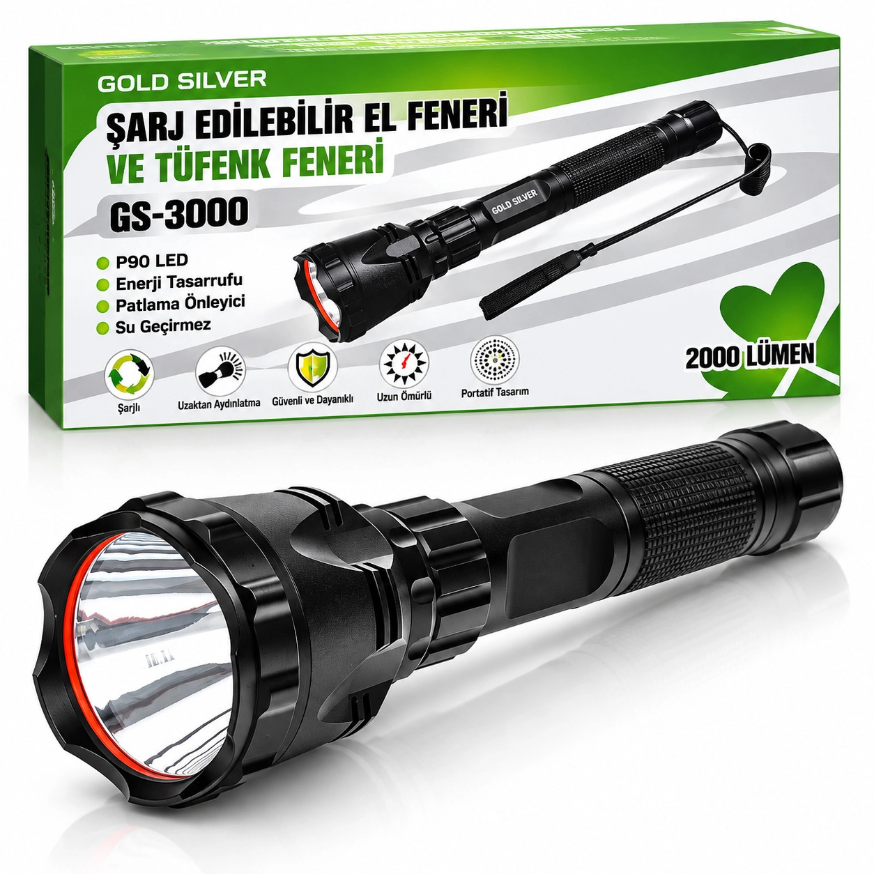 Gold Silver GS-3000 P90 LED 2000 Lümen Şarj Edilebilir El ve Tüfek Feneri
