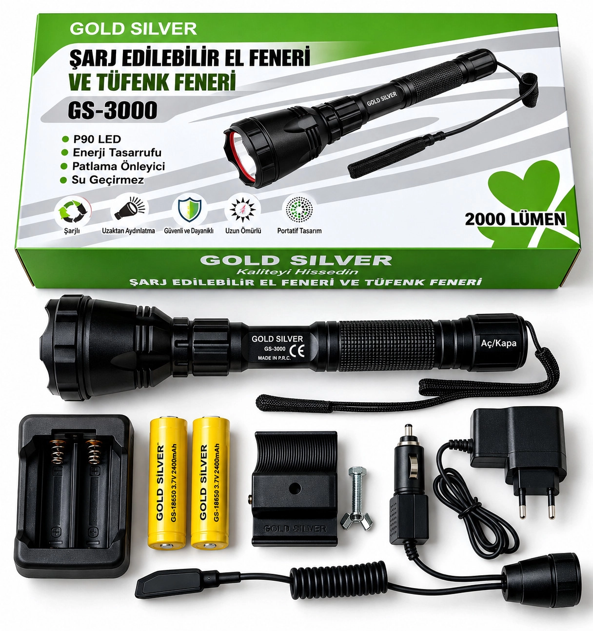 Gold Silver GS-3000 P90 LED 2000 Lümen Şarj Edilebilir El ve Tüfek Feneri