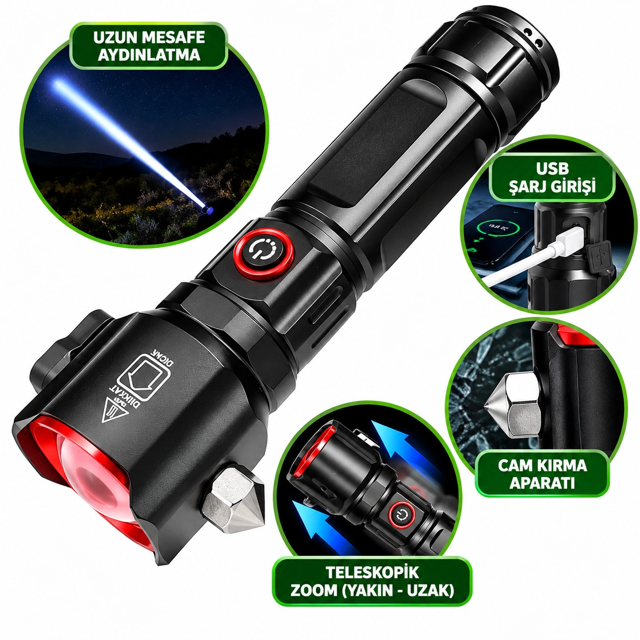 Gold Silver GS-3400 1500 Lümen Cam Kırma Aparatlı Zoomlu LED Şarj Edilebilir El Feneri