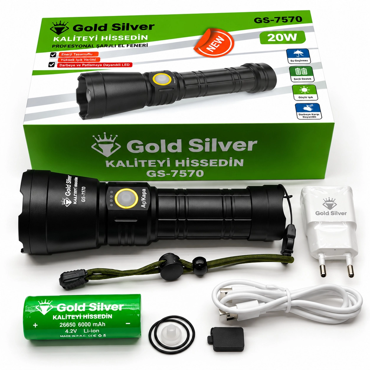Gold Silver GS-7570 20 Watt 1200 Lümen Süper LED Zoomlu Profesyonel Şarjlı El Feneri