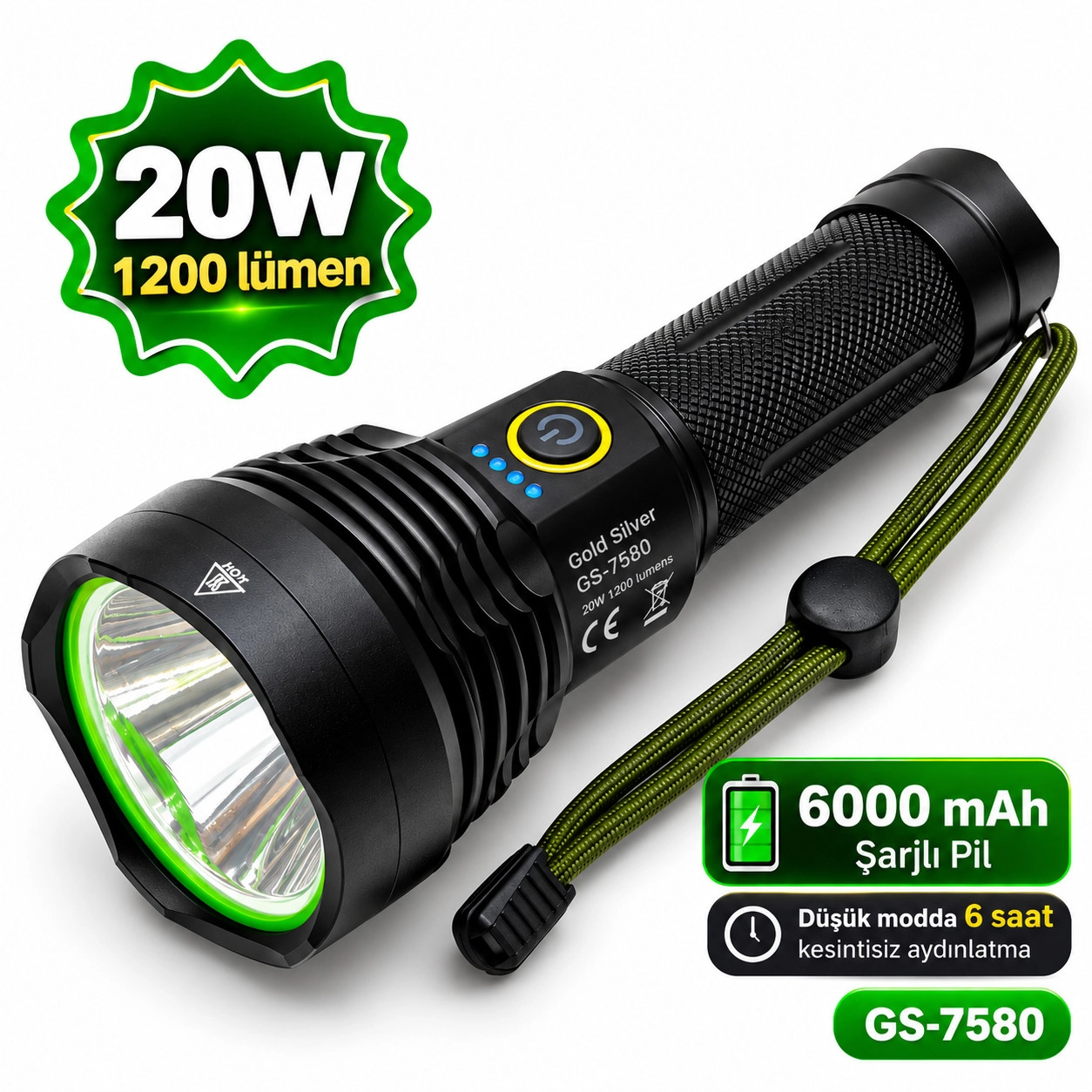 Gold Silver GS-7580 20 Watt 1200 Lümen Süper LED Profesyonel Şarjlı El Feneri