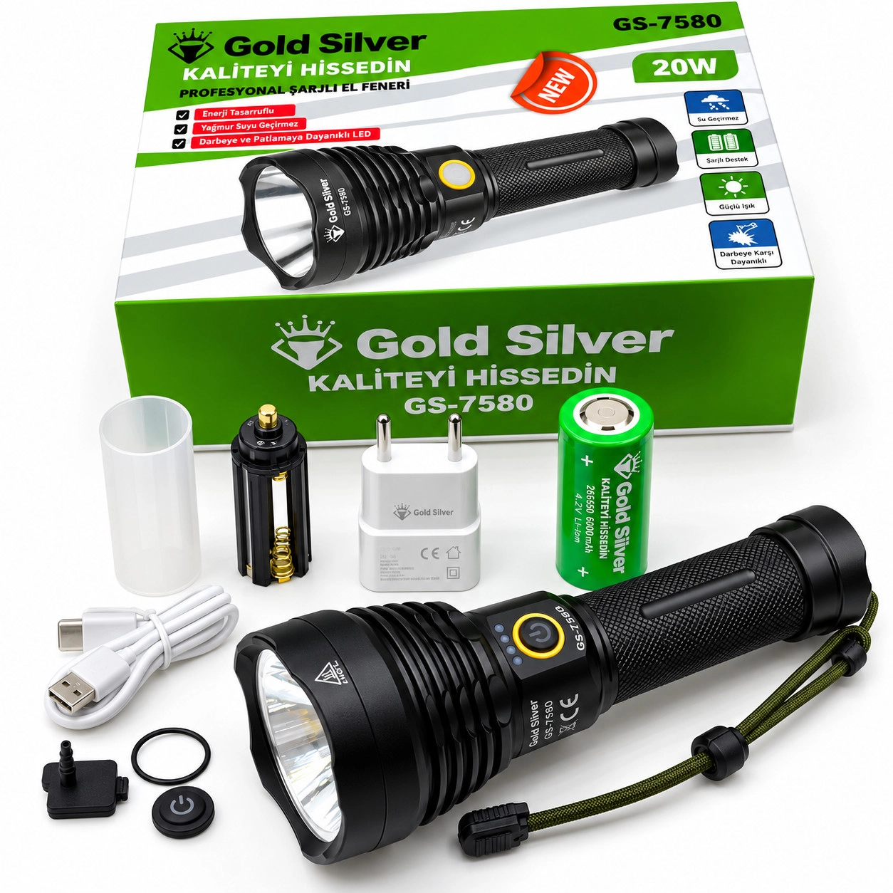 Gold Silver GS-7580 20 Watt 1200 Lümen Süper LED Profesyonel Şarjlı El Feneri