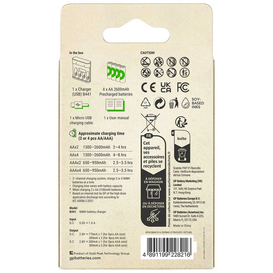 GP B441 USB Pil Şarj Cihazı + 2600 mAh 4’lü Şarjlı AA Kalem Pil