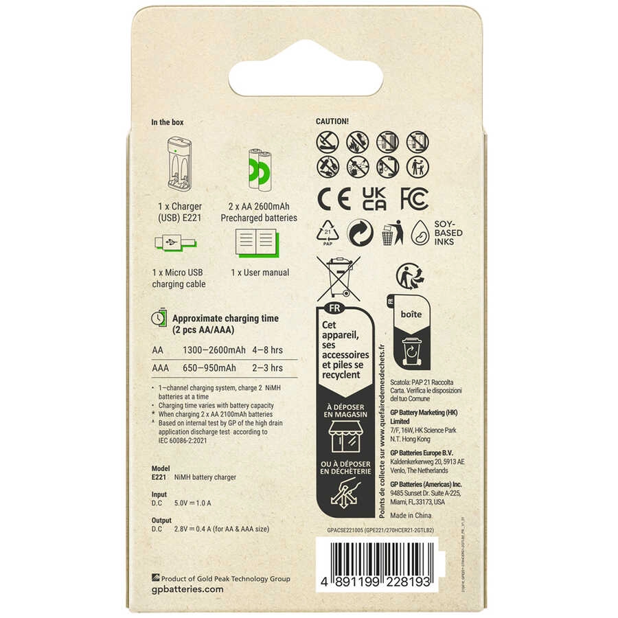 GP E221 USB Pil Şarj Cihazı + 2600 mAh 2’li Şarjlı AA Kalem Pil