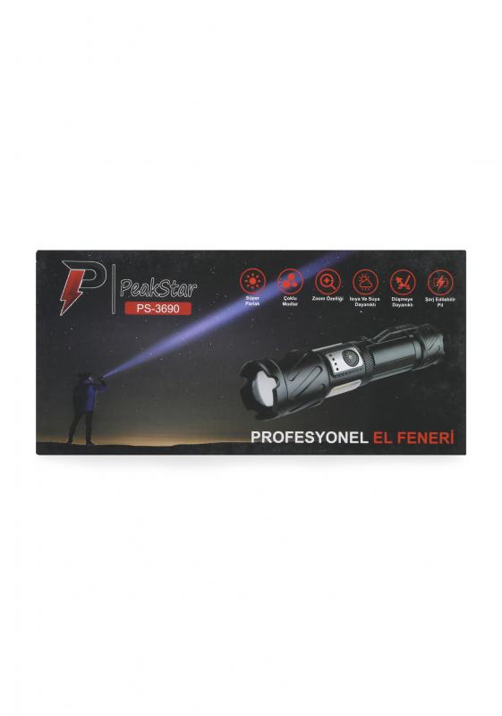 PeakStar PS-3690 XHP99 + COB LED Zoomlu Mıknatıslı Type-C Şarjlı El Feneri
