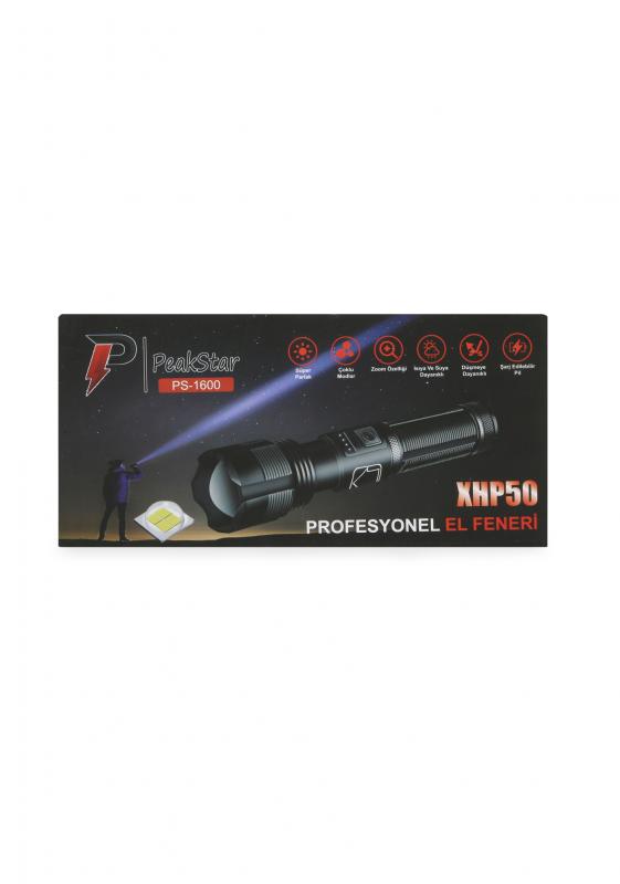 PeakStar PS-1600 Süper Parlak LED Zoomlu 5 Mod Su Geçirmez Profesyonel Şarjlı El Feneri