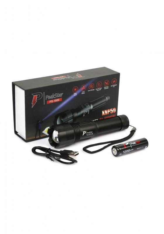 PeakStar PS-1600 Süper Parlak LED Zoomlu 5 Mod Su Geçirmez Profesyonel Şarjlı El Feneri