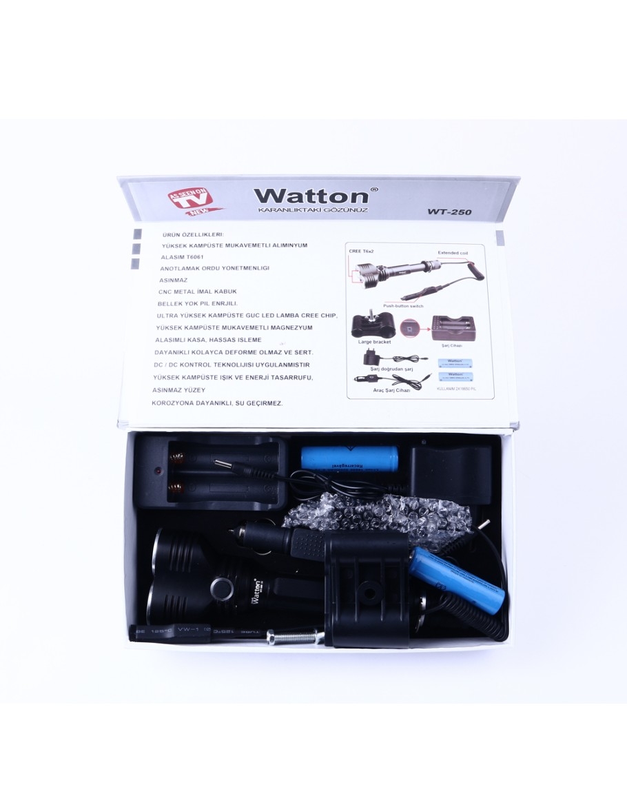Watton WT-250 1600 Lümen Tx6 Çift Başlı Şarjlı Özel El Feneri