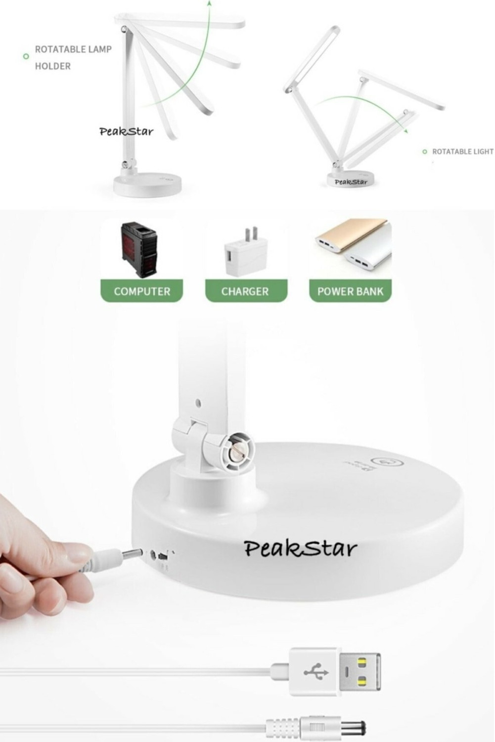 PeakStar PS-1912 Şarjlı Dokunmatik LED Masa Lambası – 3 Renk Tonlu, Ayarlanabilir Parlaklık, USB Kablolu