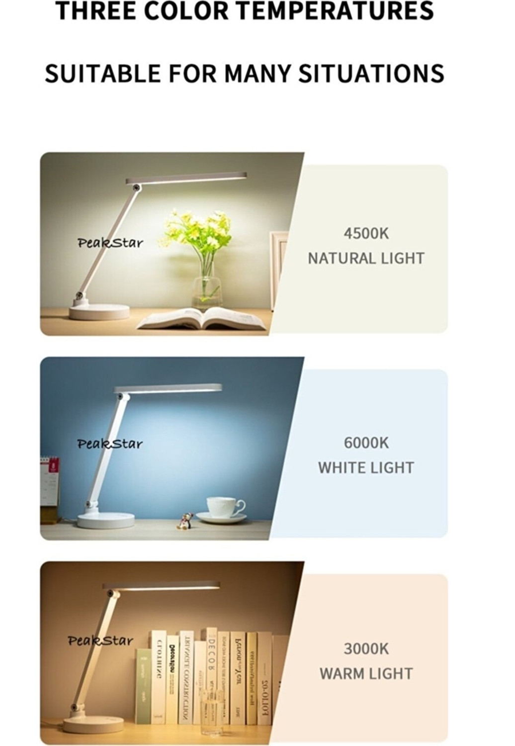 PeakStar PS-1912 Şarjlı Dokunmatik LED Masa Lambası – 3 Renk Tonlu, Ayarlanabilir Parlaklık, USB Kablolu