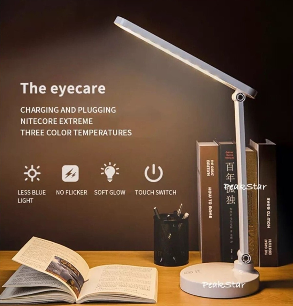 PeakStar PS-1912 Şarjlı Dokunmatik LED Masa Lambası – 3 Renk Tonlu, Ayarlanabilir Parlaklık, USB Kablolu